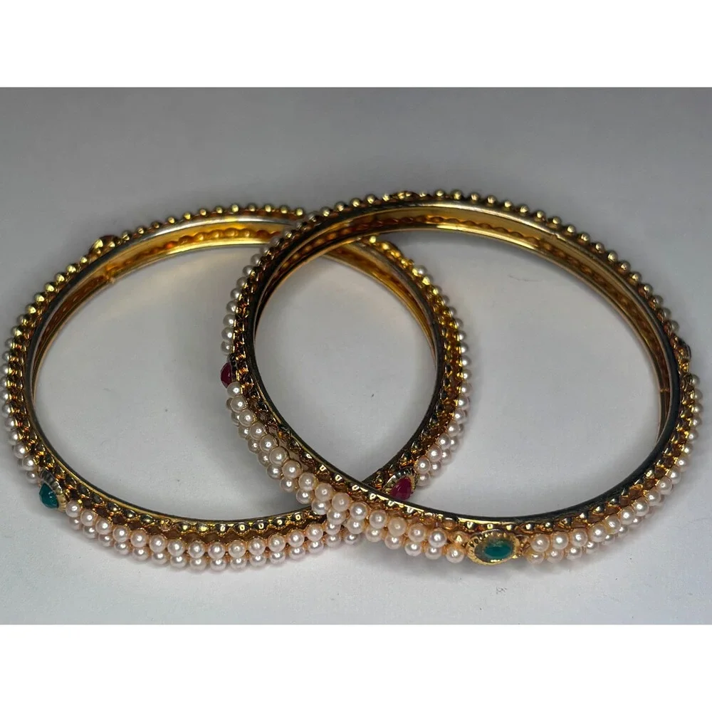 Indian Gold Tone Pearl Bangle Set Red Green Cabochon Bollywood Ethnic Bracelets